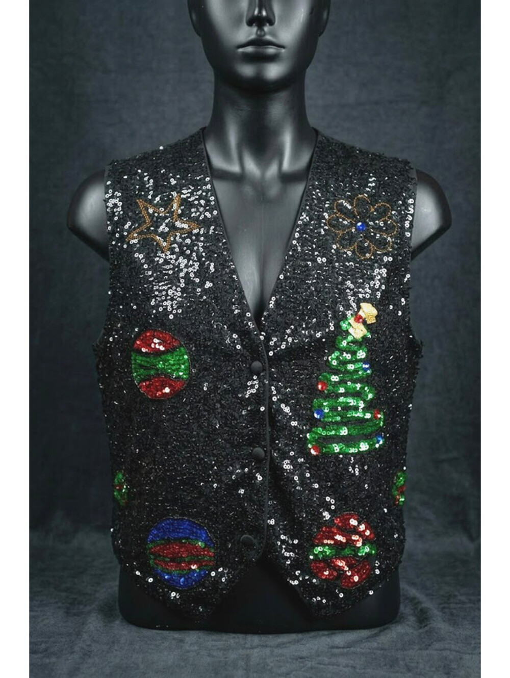 Vintage 90s Christmas Sequin Waistcoat Vest Black Size S | Ugly Holiday Party